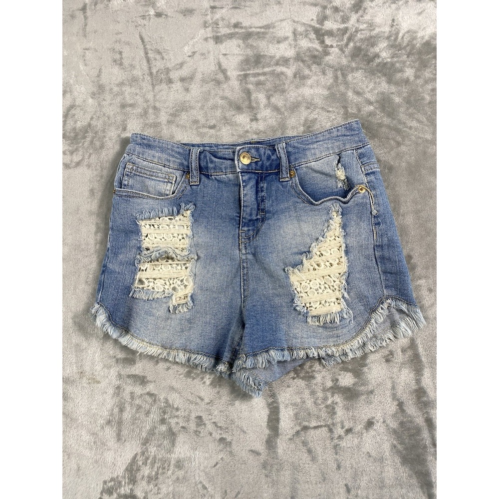 Mossimo Denim Shorts Womens Sz 4/27 High Rise Shortie Destroyed Lace Embellished